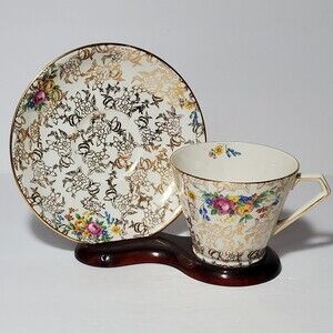 Lord Nelson Ware Teacup Saucer Chintz Floral Gold Vintage